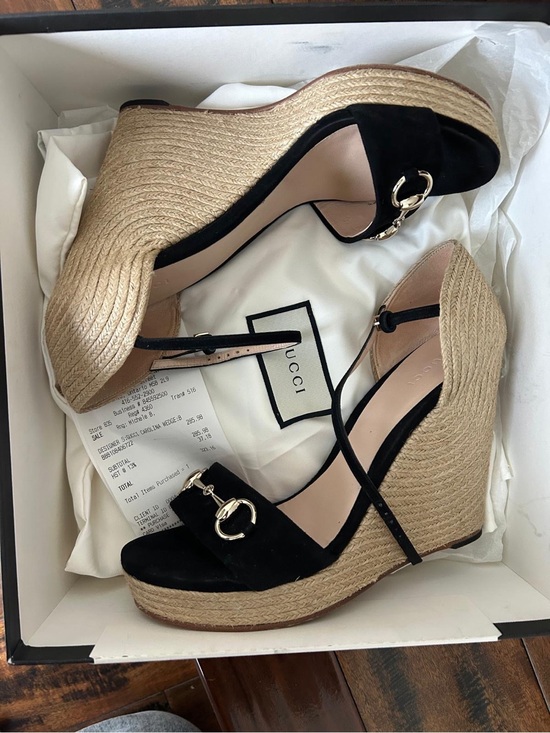 Gucci Shoes - Gucci Black Suede Espadrille Wedge Sandals with Gold Horsebit